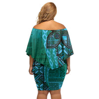 Samoan Pacific Tribal Flower Geometric Art Tattoos Off Shoulder Short Dress Siapo Pattern Turquoise Tide - Polynesian Pride
