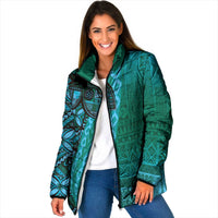 Samoan Pacific Tribal Flower Geometric Art Tattoos Padded Jacket Siapo Pattern Turquoise Tide - Polynesian Pride