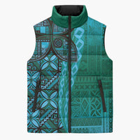 Samoan Pacific Tribal Flower Geometric Art Tattoos Sleeveless Puffer Jacket Siapo Pattern Turquoise Tide - Polynesian Pride