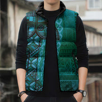 Samoan Pacific Tribal Flower Geometric Art Tattoos Sleeveless Puffer Jacket Siapo Pattern Turquoise Tide - Polynesian Pride