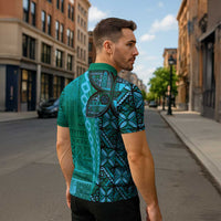 Samoan Pacific Tribal Flower Geometric Art Tattoos Zipper Polo Shirt Siapo Pattern Turquoise Tide - Polynesian Pride