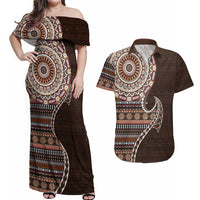 Fijian Masi Tribal Tattoos Art Pattern Couples Matching Off Shoulder Maxi Dress and Hawaiian Shirt Brown Color Half Style - Polynesian Pride