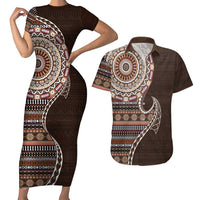 Fijian Masi Tribal Tattoos Art Pattern Couples Matching Short Sleeve Bodycon Dress and Hawaiian Shirt Brown Color Half Style - Polynesian Pride