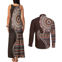 Fijian Masi Tribal Tattoos Art Pattern Couples Matching Tank Maxi Dress and Long Sleeve Button Shirt Brown Color Half Style - Polynesian Pride