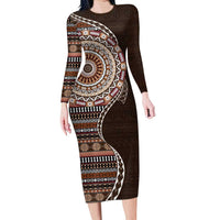 Fijian Masi Tribal Tattoos Art Pattern Family Matching Long Sleeve Bodycon Dress and Hawaiian Shirt Brown Color Half Style - Polynesian Pride