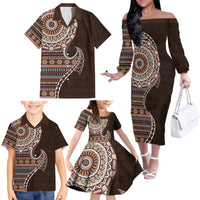 Fijian Masi Tribal Tattoos Art Pattern Family Matching Off The Shoulder Long Sleeve Dress and Hawaiian Shirt Brown Color Half Style - Polynesian Pride