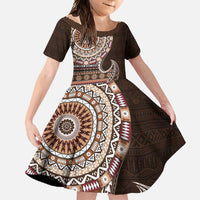 Fijian Masi Tribal Tattoos Art Pattern Family Matching Off Shoulder Maxi Dress and Hawaiian Shirt Brown Color Half Style - Polynesian Pride