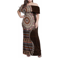 Fijian Masi Tribal Tattoos Art Pattern Family Matching Off Shoulder Maxi Dress and Hawaiian Shirt Brown Color Half Style - Polynesian Pride