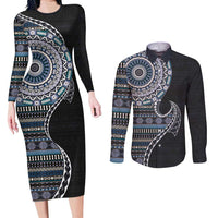 Fijian Masi Tribal Tattoos Art Pattern Couples Matching Long Sleeve Bodycon Dress and Long Sleeve Button Shirt Navy Color Half Style - Polynesian Pride
