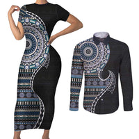 Fijian Masi Tribal Tattoos Art Pattern Couples Matching Short Sleeve Bodycon Dress and Long Sleeve Button Shirt Navy Color Half Style - Polynesian Pride