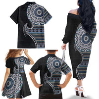 Fijian Masi Tribal Tattoos Art Pattern Family Matching Off The Shoulder Long Sleeve Dress and Hawaiian Shirt Navy Color Half Style - Polynesian Pride