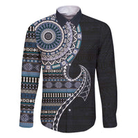 Fijian Masi Tribal Tattoos Art Pattern Family Matching Off The Shoulder Long Sleeve Dress and Hawaiian Shirt Navy Color Half Style - Polynesian Pride