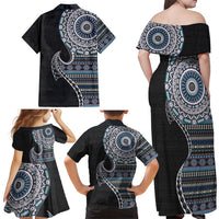 Fijian Masi Tribal Tattoos Art Pattern Family Matching Off Shoulder Maxi Dress and Hawaiian Shirt Navy Color Half Style - Polynesian Pride