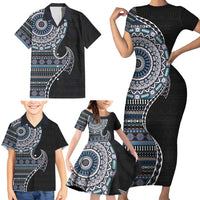 Fijian Masi Tribal Tattoos Art Pattern Family Matching Short Sleeve Bodycon Dress and Hawaiian Shirt Navy Color Half Style - Polynesian Pride