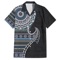 Fijian Masi Tribal Tattoos Art Pattern Family Matching Tank Maxi Dress and Hawaiian Shirt Navy Color Half Style - Polynesian Pride