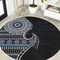 Fijian Masi Tribal Tattoos Art Pattern Round Carpet Navy Color Half Style - Polynesian Pride