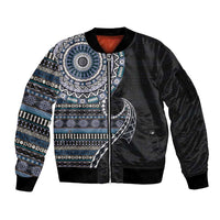Fijian Masi Tribal Tattoos Art Pattern Sleeve Zip Bomber Jacket Navy Color Half Style - Polynesian Pride
