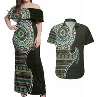 Fijian Masi Tribal Tattoos Art Pattern Couples Matching Off Shoulder Maxi Dress and Hawaiian Shirt Green Color Half Style - Polynesian Pride
