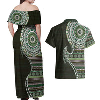 Fijian Masi Tribal Tattoos Art Pattern Couples Matching Off Shoulder Maxi Dress and Hawaiian Shirt Green Color Half Style - Polynesian Pride