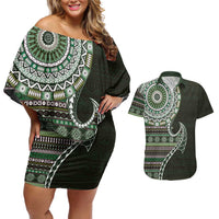 Fijian Masi Tribal Tattoos Art Pattern Couples Matching Off Shoulder Short Dress and Hawaiian Shirt Green Color Half Style - Polynesian Pride