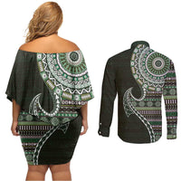 Fijian Masi Tribal Tattoos Art Pattern Couples Matching Off Shoulder Short Dress and Long Sleeve Button Shirt Green Color Half Style - Polynesian Pride