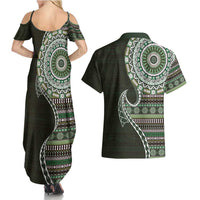 Fijian Masi Tribal Tattoos Art Pattern Couples Matching Summer Maxi Dress and Hawaiian Shirt Green Color Half Style - Polynesian Pride