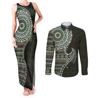 Fijian Masi Tribal Tattoos Art Pattern Couples Matching Tank Maxi Dress and Long Sleeve Button Shirt Green Color Half Style - Polynesian Pride