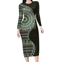 Fijian Masi Tribal Tattoos Art Pattern Family Matching Long Sleeve Bodycon Dress and Hawaiian Shirt Green Color Half Style - Polynesian Pride