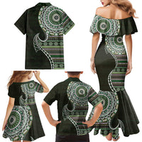 Fijian Masi Tribal Tattoos Art Pattern Family Matching Mermaid Dress and Hawaiian Shirt Green Color Half Style - Polynesian Pride