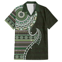 Fijian Masi Tribal Tattoos Art Pattern Family Matching Off The Shoulder Long Sleeve Dress and Hawaiian Shirt Green Color Half Style - Polynesian Pride