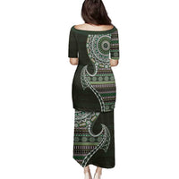 Fijian Masi Tribal Tattoos Art Pattern Family Matching Puletasi and Hawaiian Shirt Green Color Half Style - Polynesian Pride