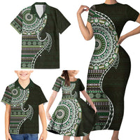 Fijian Masi Tribal Tattoos Art Pattern Family Matching Short Sleeve Bodycon Dress and Hawaiian Shirt Green Color Half Style - Polynesian Pride