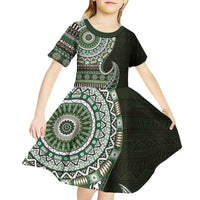Fijian Masi Tribal Tattoos Art Pattern Kid Short Sleeve Dress Green Color Half Style - Polynesian Pride