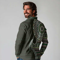 Fijian Masi Tribal Tattoos Art Pattern Long Sleeve Polo Shirt Green Color Half Style - Polynesian Pride