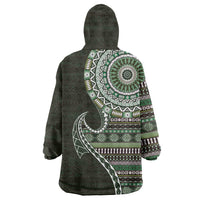 Fijian Masi Tribal Tattoos Art Pattern Wearable Blanket Hoodie Green Color Half Style - Polynesian Pride