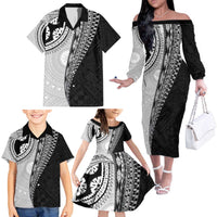 Fijian Masi Tattoos Family Matching Off The Shoulder Long Sleeve Dress and Hawaiian Shirt with Tapa Tribal Pattern LT03 - Polynesian Pride