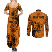 PNG Lae Snax Tigers Rugby Couples Matching Summer Maxi Dress and Long Sleeve Button Shirts The Tigers Head and PNG Bird Polynesian Tattoo LT03 - Polynesian Pride