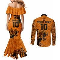 Custom PNG Lae Snax Tigers Rugby Couples Matching Mermaid Dress and Long Sleeve Button Shirts The Tigers Head and PNG Bird Polynesian Tattoo LT03 - Polynesian Pride