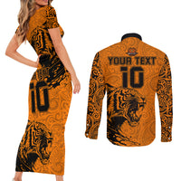 Custom PNG Lae Snax Tigers Rugby Couples Matching Short Sleeve Bodycon Dress and Long Sleeve Button Shirts The Tigers Head and PNG Bird Polynesian Tattoo LT03 - Polynesian Pride