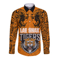 Custom PNG Lae Snax Tigers Rugby Long Sleeve Button Shirt The Tigers Head and PNG Bird Polynesian Tattoo LT03 Unisex Orange - Polynesian Pride