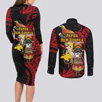 Papua New Guinea Christmas Couples Matching Long Sleeve Bodycon Dress and Long Sleeve Button Shirt Funny Melanesian Santa with Bird-of-paradise Tribal Style - Polynesian Pride