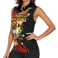 Papua New Guinea Christmas Women Sleeveless Polo Shirt Funny Melanesian Santa with Bird-of-paradise Tribal Style - Polynesian Pride