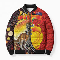 Australia and Papua New Guinea Together Bomber Puffer Jacket Bird-of-paradise and Kangaroo with Oro Tapa and Aboriginal Art Motifs LT03 Unisex Black - Polynesian Pride