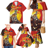 Australia and Papua New Guinea Together Family Matching Mermaid Dress and Hawaiian Shirt Bird-of-paradise and Kangaroo with Oro Tapa and Aboriginal Art Motifs - Polynesian Pride