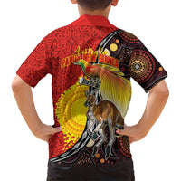 Australia and Papua New Guinea Together Family Matching Off Shoulder Maxi Dress and Hawaiian Shirt Bird-of-paradise and Kangaroo with Oro Tapa and Aboriginal Art Motifs LT03 - Polynesian Pride