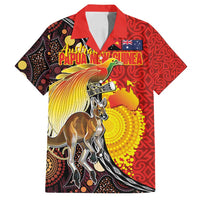 Australia and Papua New Guinea Together Family Matching Off Shoulder Short Dress and Hawaiian Shirt Bird-of-paradise and Kangaroo with Oro Tapa and Aboriginal Art Motifs LT03 Dad's Shirt - Short Sleeve Black - Polynesian Pride