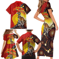 Australia and Papua New Guinea Together Family Matching Short Sleeve Bodycon Dress and Hawaiian Shirt Bird-of-paradise and Kangaroo with Oro Tapa and Aboriginal Art Motifs - Polynesian Pride