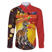 Australia and Papua New Guinea Together Family Matching Summer Maxi Dress and Hawaiian Shirt Bird-of-paradise and Kangaroo with Oro Tapa and Aboriginal Art Motifs LT03 Dad's Shirt - Long Sleeve Black - Polynesian Pride
