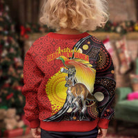 Australia and Papua New Guinea Together Kid Ugly Christmas Sweater Bird-of-paradise and Kangaroo with Oro Tapa and Aboriginal Art Motifs - Polynesian Pride
