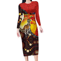 Australia and Papua New Guinea Together Long Sleeve Bodycon Dress Bird-of-paradise and Kangaroo with Oro Tapa and Aboriginal Art Motifs LT03 Long Dress Black - Polynesian Pride